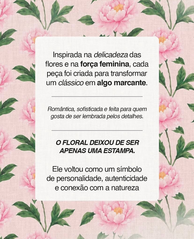 🌸 É tempo de florir… 🌸
A primavera está chegando e, com ela, uma coleção incrível para deixar seus looks ainda mais especiais! ✨
Para dar o pontapé inicial nessa nova estação, apresentamos o maxi blazer floral em ponto roma com elastano, da marca queridinha de vocês. 💐
Uma peça sofisticada, marcante e perfeita para transformar qualquer produção!
✨ Lançamento exclusivo e limitado
🌷 Disponível no site nas cores rosa e branco.
COMENTE QUERO LINK 🔗