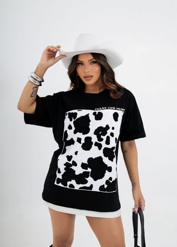 Camiseta Texas Cow Print Preta