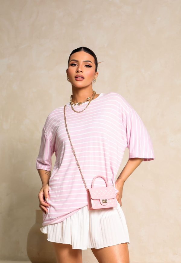 Camiseta Over Listras Rosa