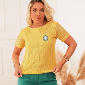 T-Shirt Brasil Paetê Amarelo