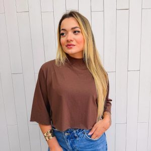 T-Shirt Cropped Lisa Gola Alta Marrom